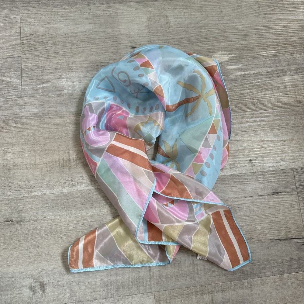ECHO Silk Satin Multicolor 31" Square Scarf Palm Art Geometric Print